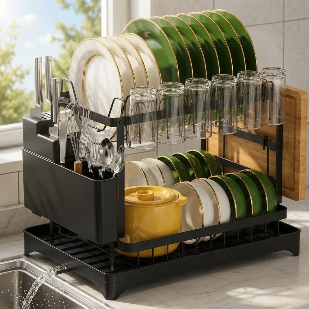VIREFIRA Black 2-Tier Aluminium Dish Drying Rack - Countertop Organizer with Compartmentalized Draining Boards, Adjustable Metal Rack, Large Rust-Resistant Space-Saving Stable Single Unit for Kitchen Plates Bowls Glasses Utensils, Rectangle Bodytype