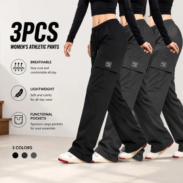 Women's 3-Pack Polyester Cargo Wide-Leg Pants - Loose-Fit Solid Knit Casual Fashion Bottoms with Adjustable Drawstring Waist, Multiple Pockets | Women's Clothes Bottoms