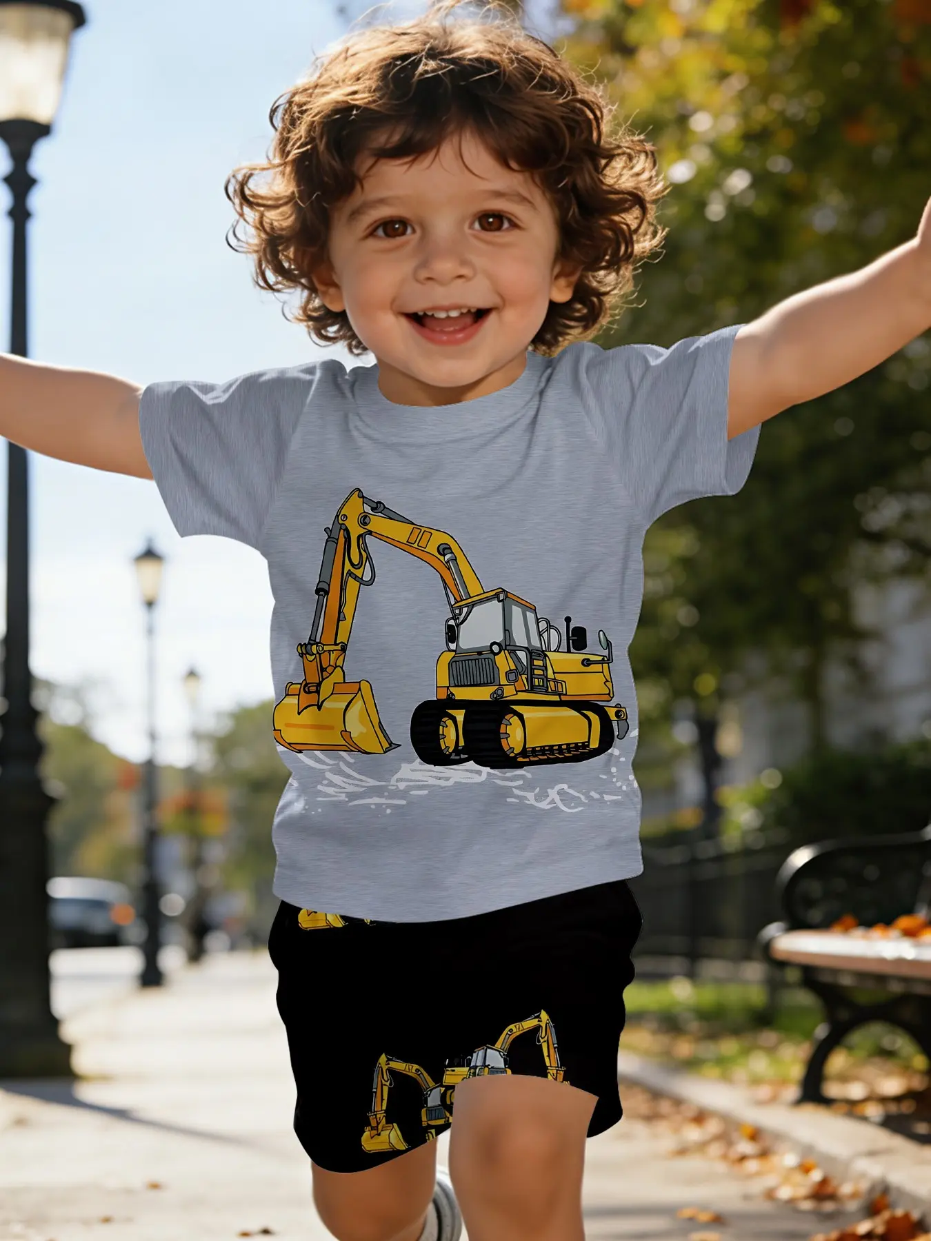 Cartoon excavator printed T-shirt digital printing baby short-sleeve set, casual children's clothing for babies, Baby Boy Clothes, suitable for daily and outdoor wear T-shirt, Cartoon Print Top, 100% polyester, perfect gift for infants and young children!