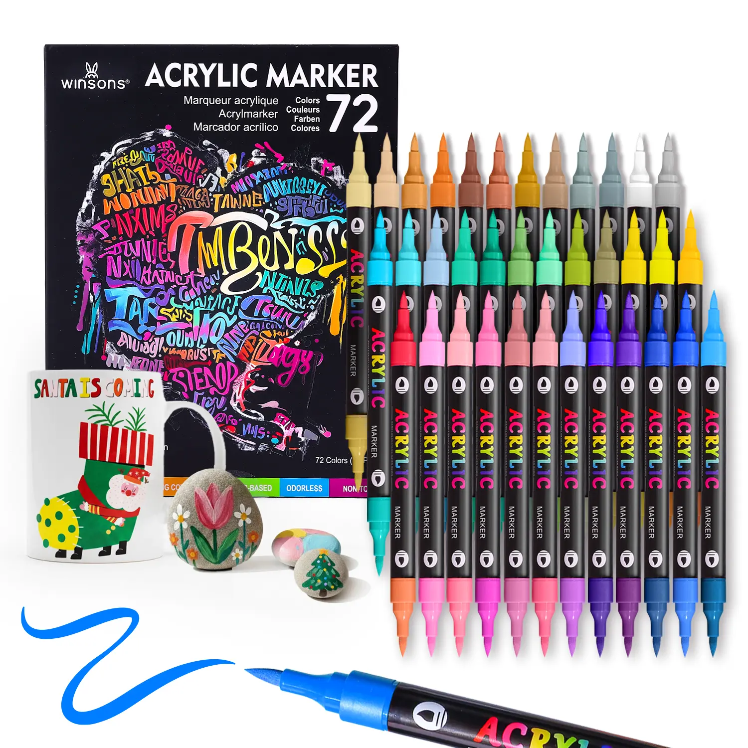 WINSONS Dual-Tip Acrylic Marker Set, 24/48/72-Color Water-Based Quick-Dry Pens with Bold Strokes, Office Art Materials for Rock Painting, DIY Crafters