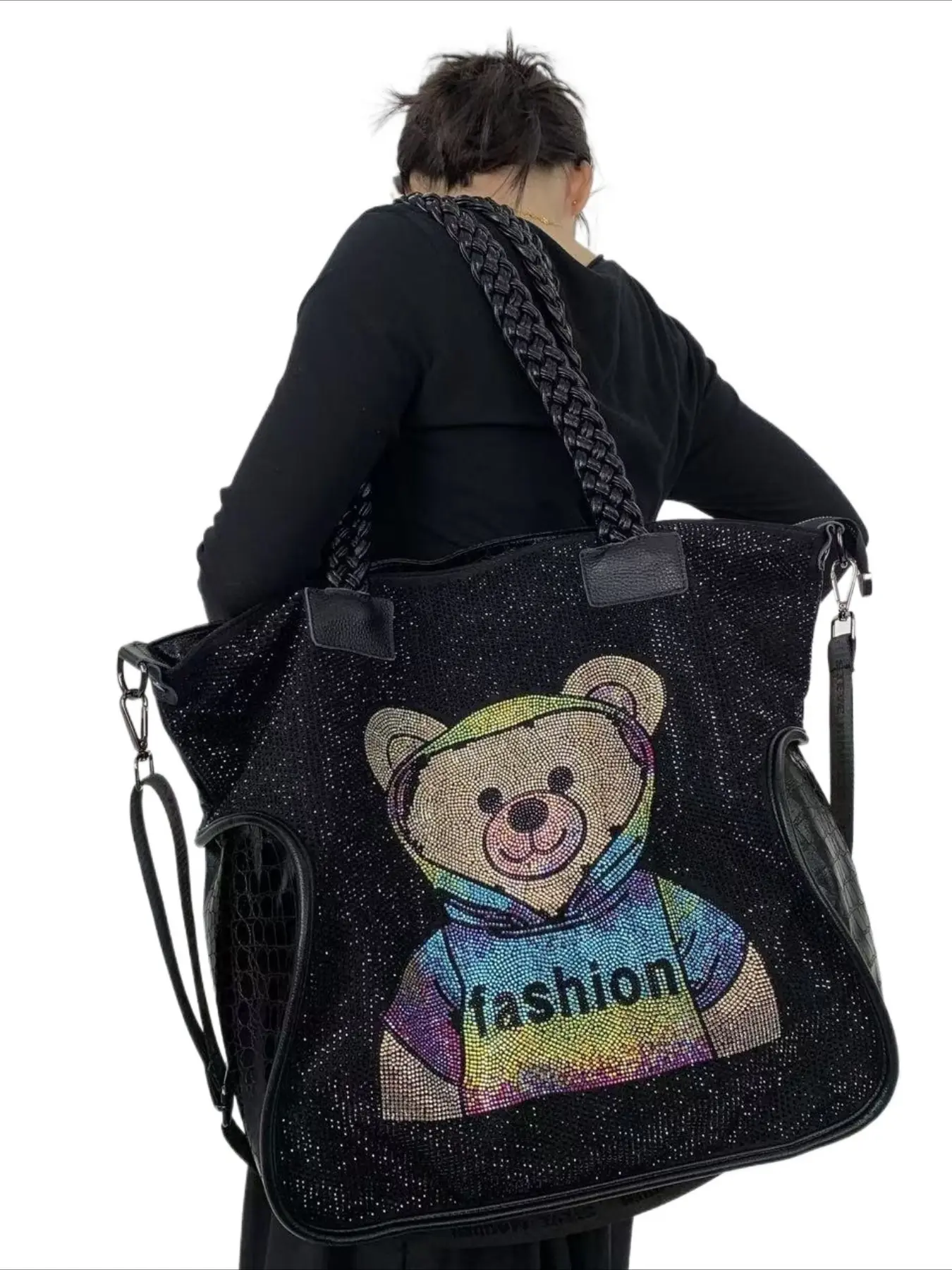 Ladies' fashionable and gorgeous diamond studded shoulder bag with elegant bear pattern, single shoulder crossbody bag with large capacity, woven shoulder strap, suitable for banquets and commuting, Casual shoulder bag
