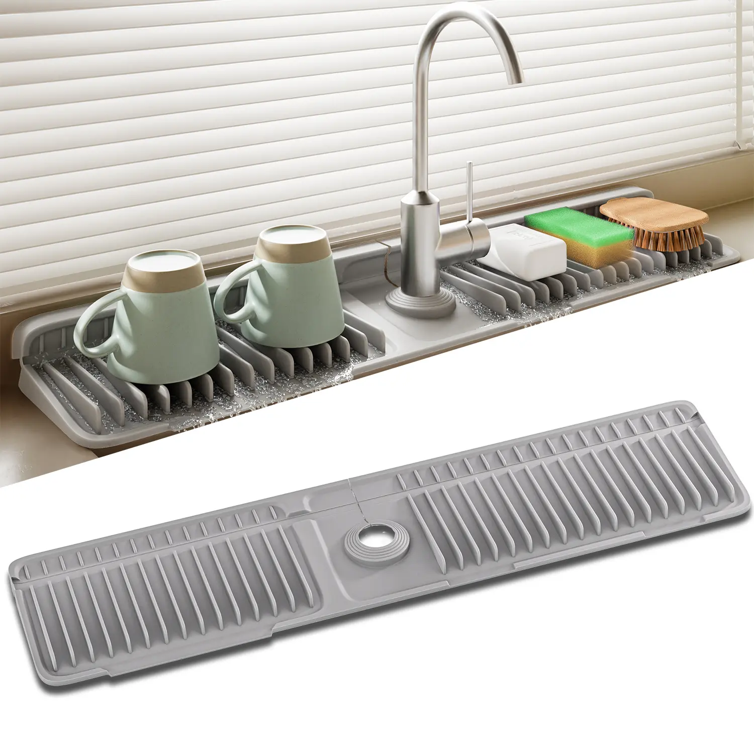 Silicone Kitchen Sink Faucet Mat - 24''x5.5'' Water Splash Proof Guard, 7° Slope Fast Self-Draining, Quick-Drying, Adjustable, Durable, Easy to Clean Kitchenware for Household Item Organization