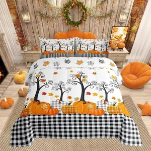 Fall Pumpkin Comforter Set,Kids Girls Home/Cottage Decor,Black White Plaid Halloween Bedding Set,Maple Trees Autumn Harvest breathable quilt