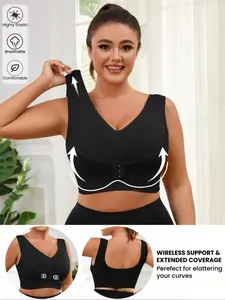 【Plus Size】 Solid Color Push Up Wide Strap Bra, Women's Comfortable Breathable Soft Stretch Bra,No Padding,Front Chest Buckles Design,Women's Lingerie for All Seasons,Ladies Knitted Underwear For Daily or Any Occasion