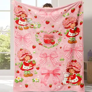 Cute Strawberry Shortcake Themed Blanket – Adorable Kawaii Pastry & Strawberry Print Soft Throw for Bedroom Decor, Movie Nights & Cute Gift Ideas!A gift suitable for fans, friends and children Suitable for use in offices, sofas, and travel settings, etc.