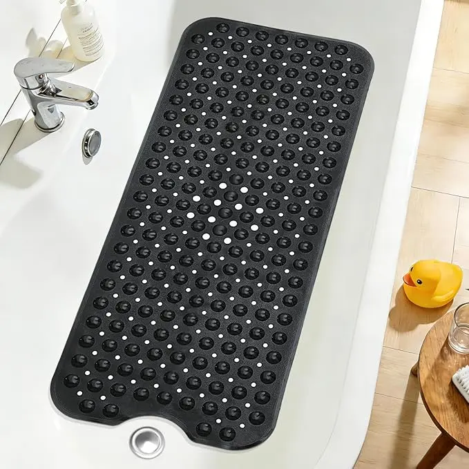 Extra Long Non Slip Bath Mat (40x16 Inch) for Tub & Shower, Machine Washable Bathtub Mat with Strong Suction Cups and Fast Drain Holes, Soft Rubber Texture for Feet Comfort, Available in Black Gray Blue Clear