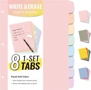 8 Tabs Long-Lasting Plastic Write & Erase Large Tabs Dividers for 3 Ring Binder, Aesthetic Cute Pastel Binder Dividers for Student, Teacher, Office, Home Organizers, 1 Set, Pastel Color