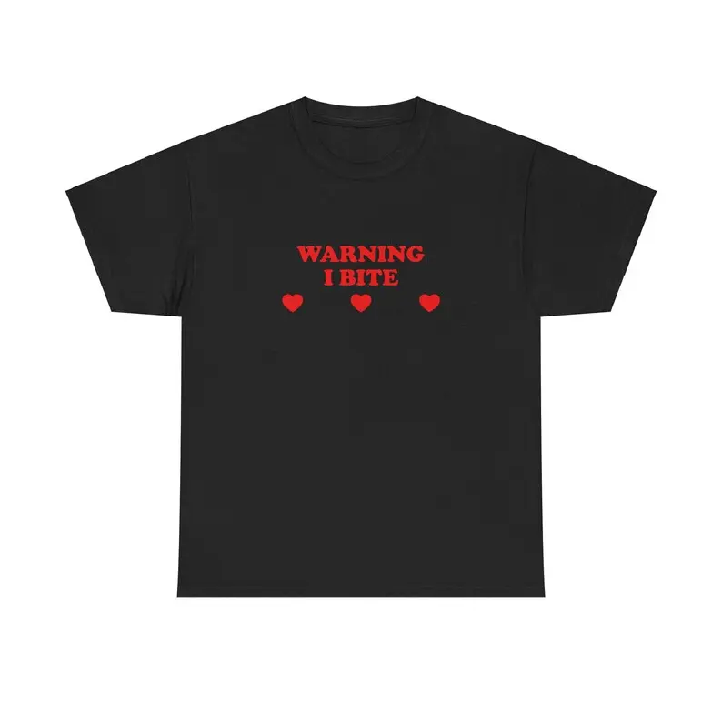 Warning I Bite Unisex Tee Y2K Iconic Funny It Girl Meme Shirt Sassy Maneater Edgy Chaotic Party Bar Frat Club Cute Top Gift, Adult funny T-shirt, Gift for Woman and Man