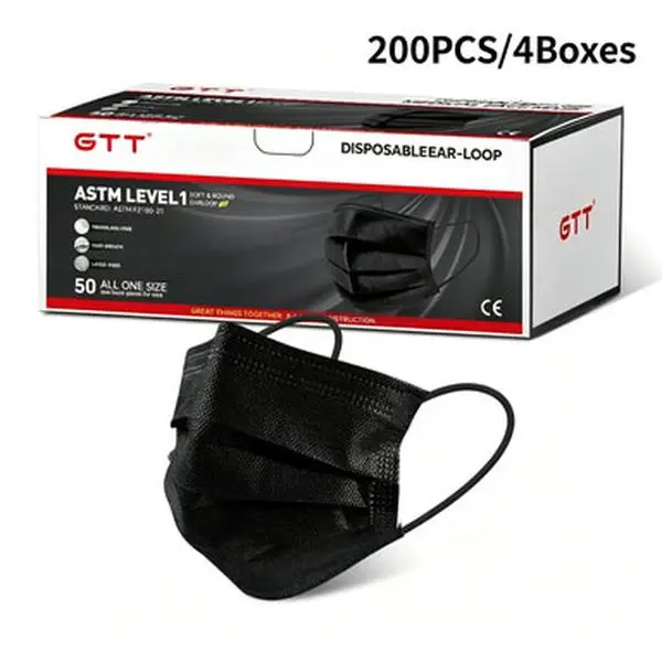 GTT 200PCS Black Non-Woven Disposable Protective Face Masks - ASTM Level 1, 3-Ply, Lightweight, Breathable Ear-Loop, Latex-Free, Fiberglass-Free, Bulk Box, Reduces Glasses Fogging, Everyday Particulate Protection for Adults Home Care
