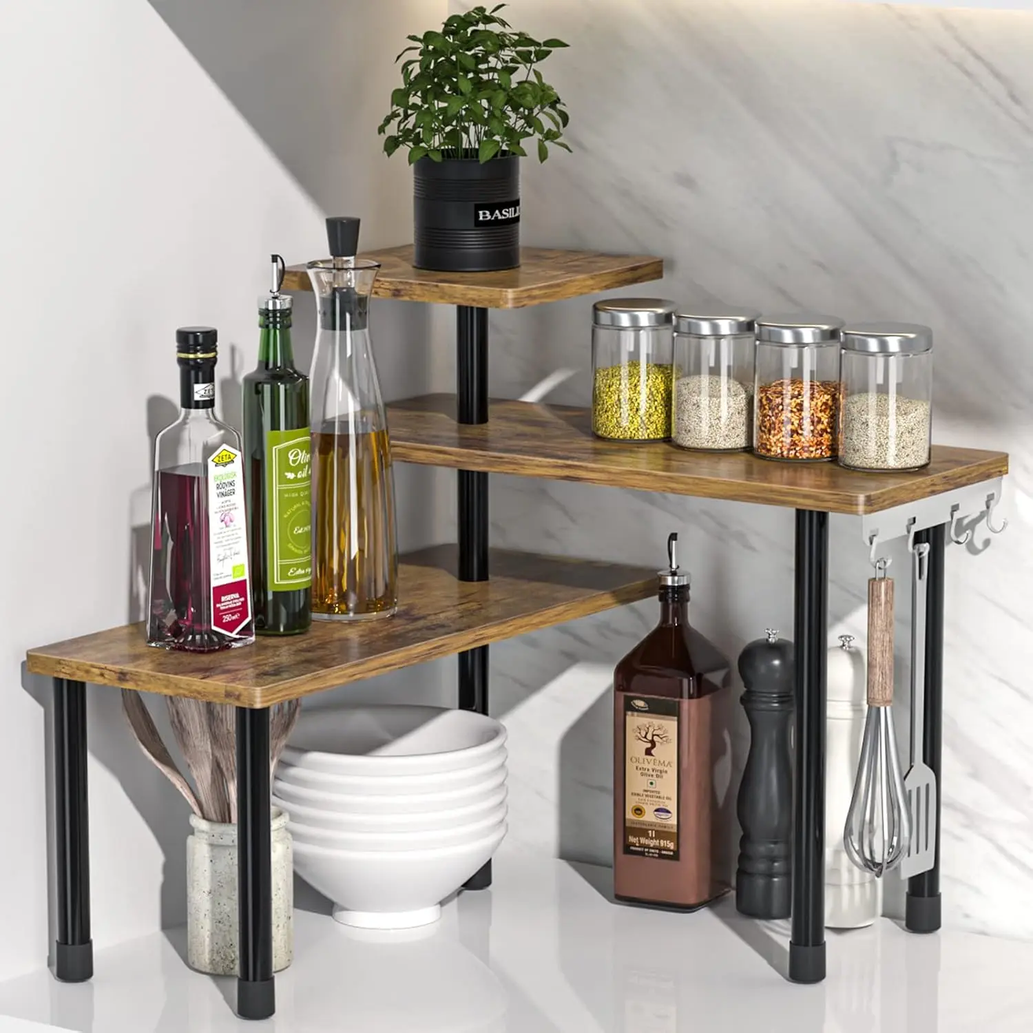 Countertop Organizer Organization, 3 Tier Moveable Corner Shelf Organizer for Kitchen, Bathroom,  Rack, Coffee Area, Over Sink, Dresser Table (Rustic Brown)