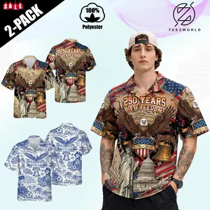 Pack - 2 USA 250 Anniversary Hawaiian Tee Shirt 1776-2026 Patriotic Eagle American Flag Fireworks Tropical Tee Button Down Style Statue Of Liberty 250 Years Freedom Faith Independence Day Gift Summer Tee