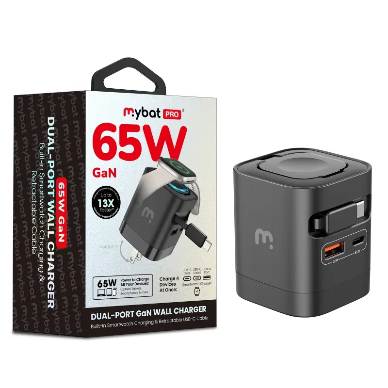 MyBat Pro 65W Dual-Port GaN Compact Power Adapter - High Power Portable Charging Block, Mobile Fast Charger with Built-In Smartwatch Charging & Retractable USB-C Cable
