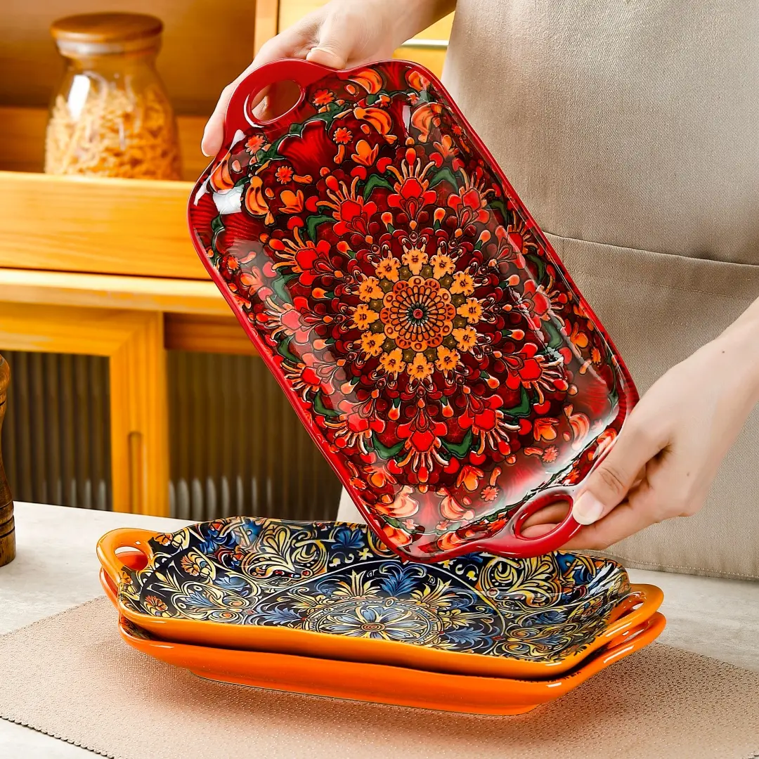 12.6 Inch Ceramic Steamer Fish Dish, Rectangular Serving Plate for Sushi Dessert Salad, Microwave Oven Safe Kitchenware, Food Tableware, Rectangular Dinner Plates, Dishwasher Safe Tableware