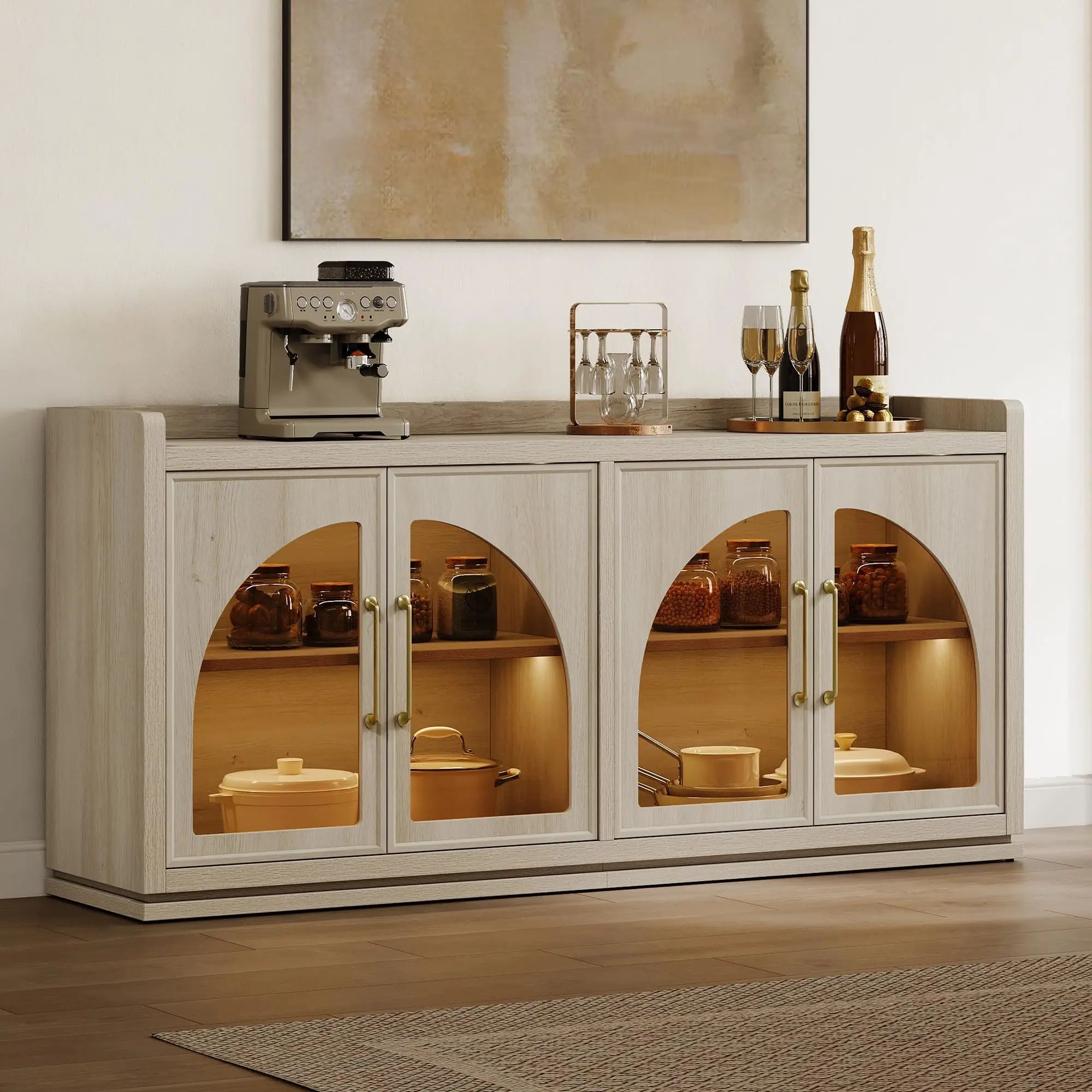 SICOTAS Sideboard Buffet Cabinet with Storage and LED Lights-Farmhouse Large Credenza Storage Cabinet with Arch Glass Doors, Adjustable Shelves, 61.7" Media Console Coffee Bar Cabinet