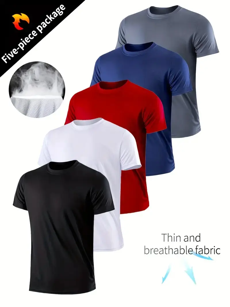 5 Pack Men's Casual Athletic T-Shirts - Breathable Polyester, Crew Neck, Solid Color, Short Sleeve, Stretchy Athleisure Street Fit, Classic Fit Tops, Breathable Workout Tops, Casual Sportswear Sport Tee for All Seasons, Running