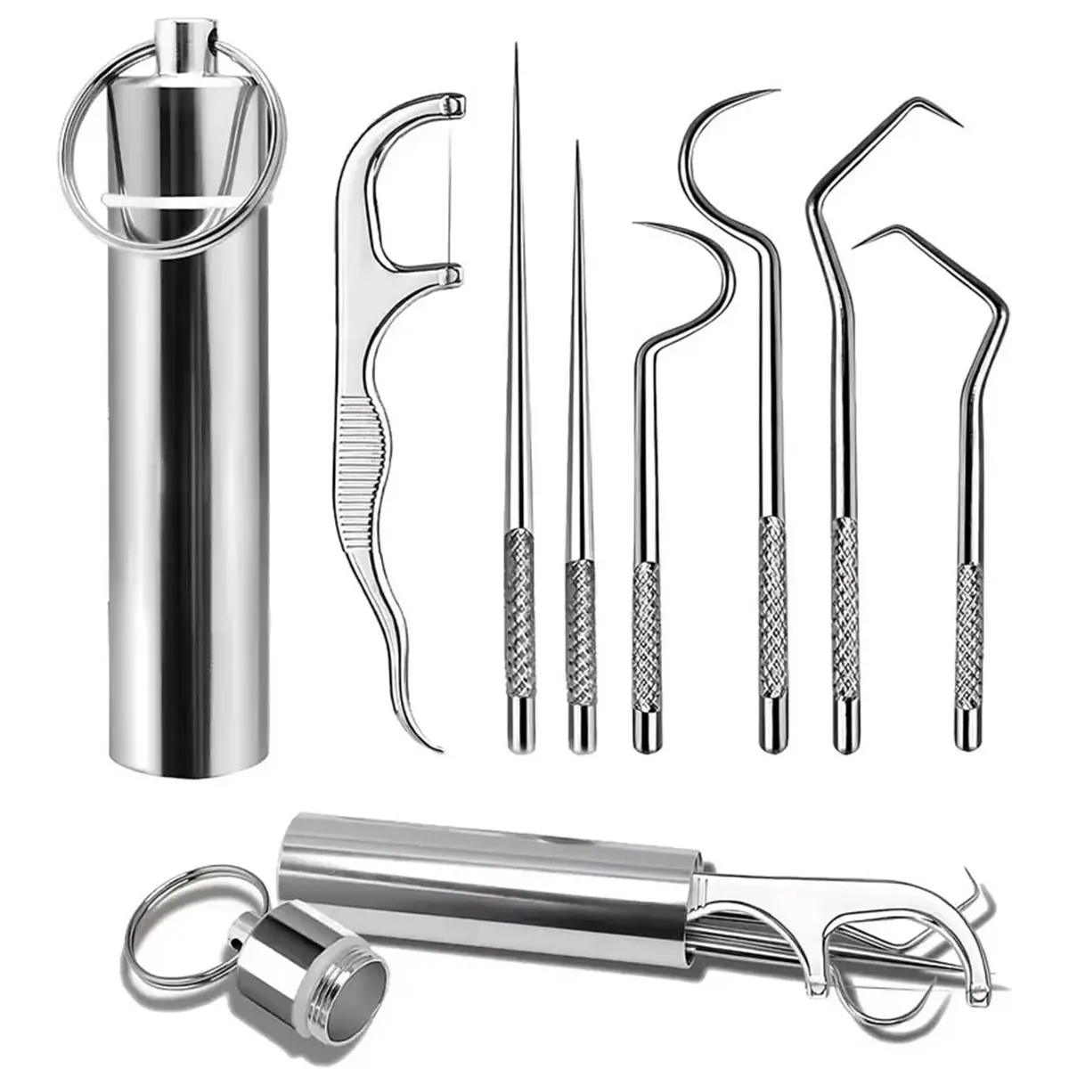 NUYETE 7-Piece Portable Stainless Steel Toothpick Set with Keychain Holder, Reusable Metal Dental Picks and Floss Tool, Washable Oral Cleaning Kit for Travel, Camping, Picnic & Home