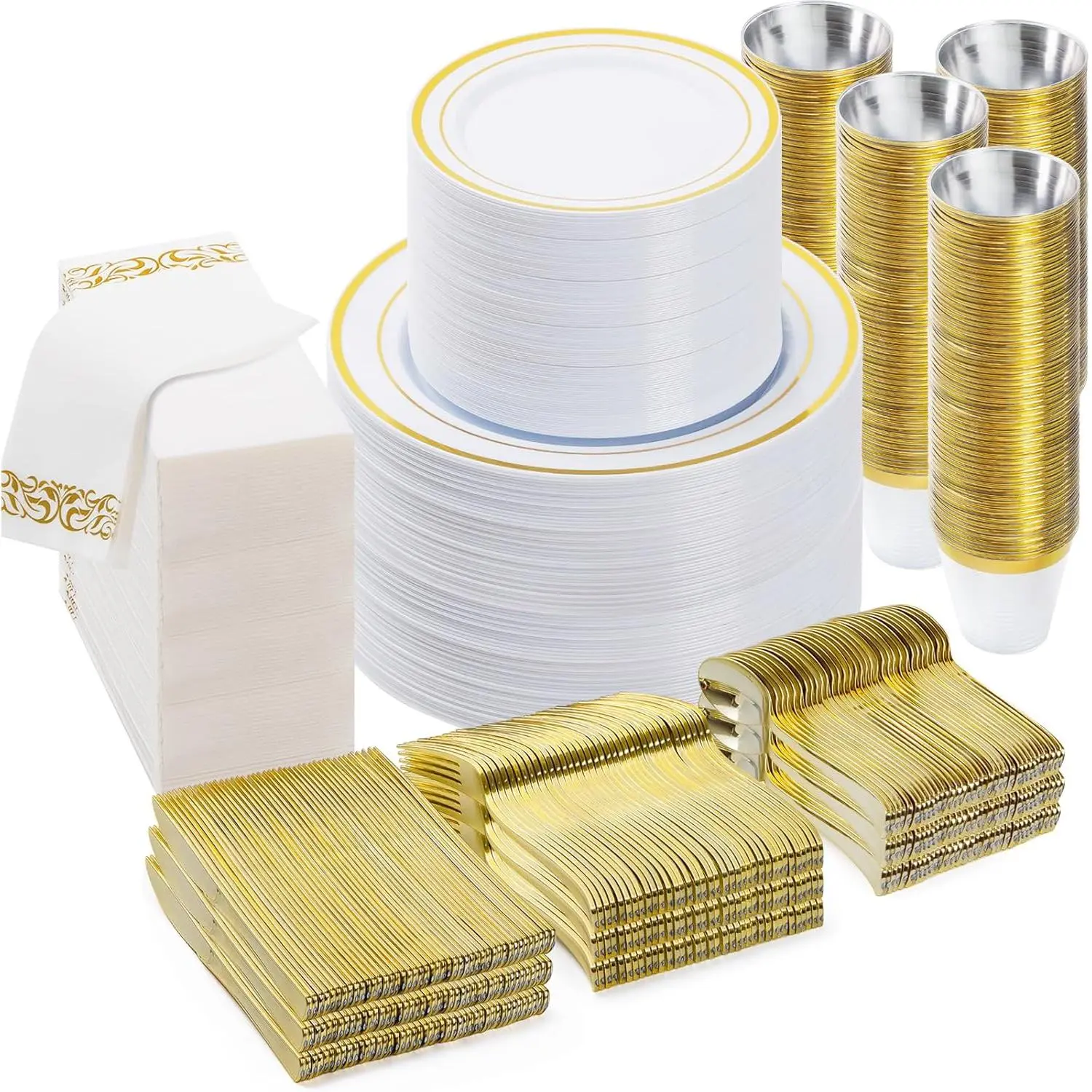 700 count  Dinnerware Set for 100 Guests, Plastic Dinnerware Set for Party, Include: 100  Dinner Plates,100 Dessert Plates, 100 Plastic Silverware Set, 100 Cups, 100 Paper Napkins