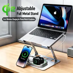 Ergonomic Aluminum Laptop/Tablet Stand with Qi2-Certified 3-in-1 Wireless Charging Base, Fast Charger for Smartphones, Smartwatches, and Earbuds, Home Office Desk Accessory