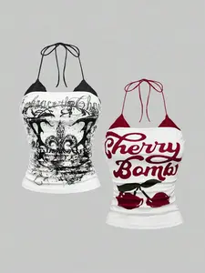 OFFGRID x 2pcs/Set American Vintage Cherry Print & Punk Vine Print Contrast Lace Halter Neck Bodycon Tank Top