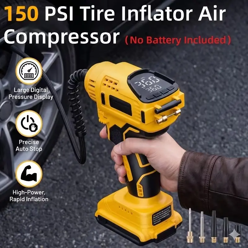VOICE-TANK 150PSI Cordless Tire Inflator Air Compressor, Dewalt 20V Battery Compatible Cordless Tool with Digital Display, Auto Shut-Off, LED Light for Cars/Motorbikes, Bikes, Balls (Tool Only, Yellow), 150 Psi Max