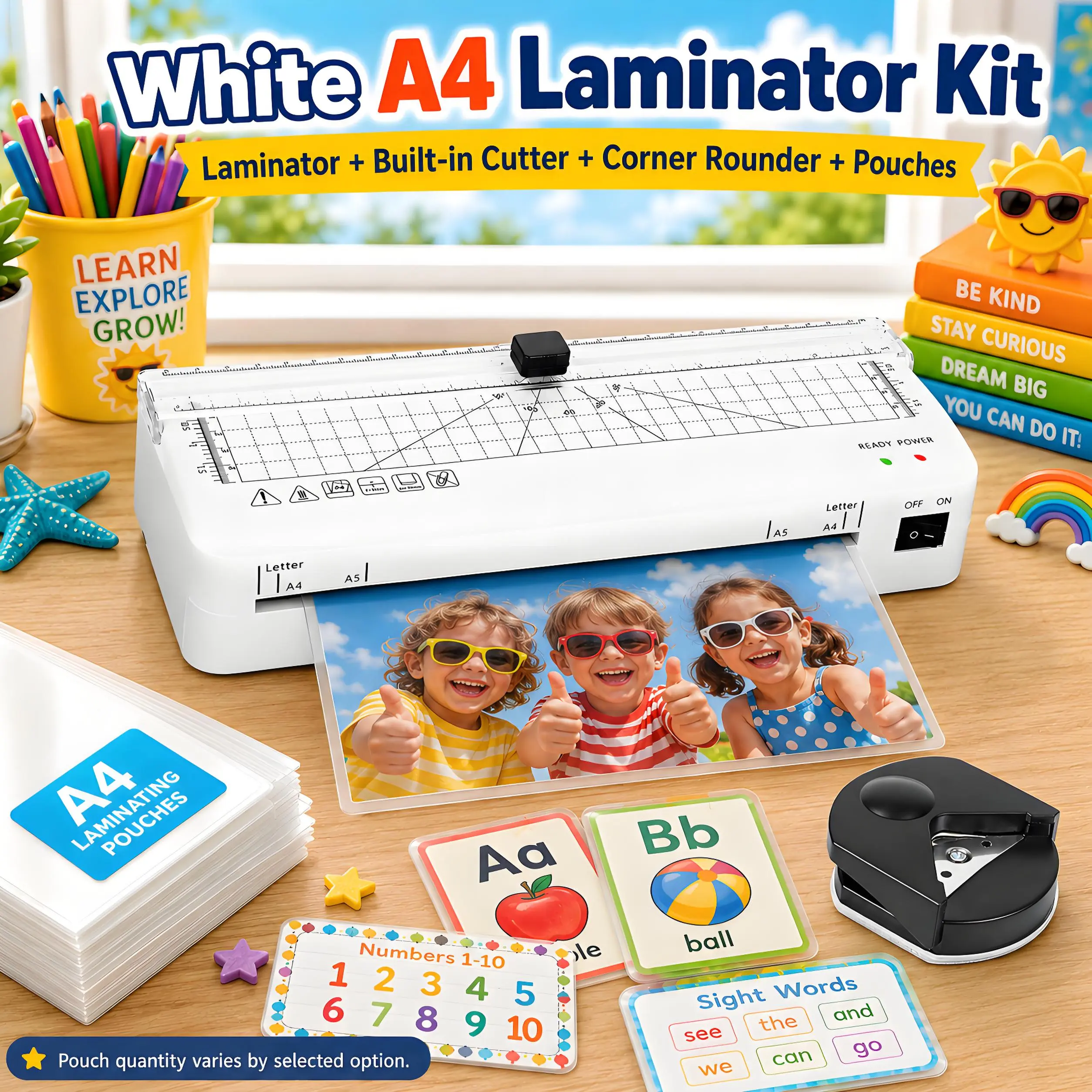 A4 Laminating Machine, Portable 4-in-1 Laminator Kit with Built-in Cutter, Corner Rounder and Pouches, Compact Laminator for Classroom, Home Learning, Office, Photos and Documents, all in one laminator, laminatorkit