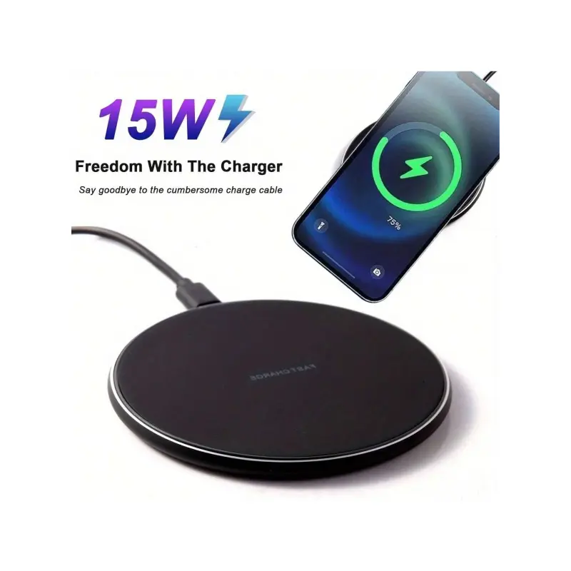 15W Fast USB Wireless Charging Pad with LED Light - Ultra Thin Charger Station for Desk Travel Home Office, Portable Phone Charger, Electronic Smartphone Charger Compatible with iPhone, Samsung Android, Black, Smartphone