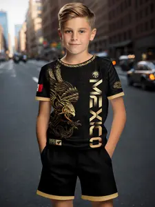 Boys' Mexican Eagle Print 2-Piece Soccer Set, Short Sleeve Jersey + Shorts, Summer Casual Sports for Teens, Youth Sports Tops