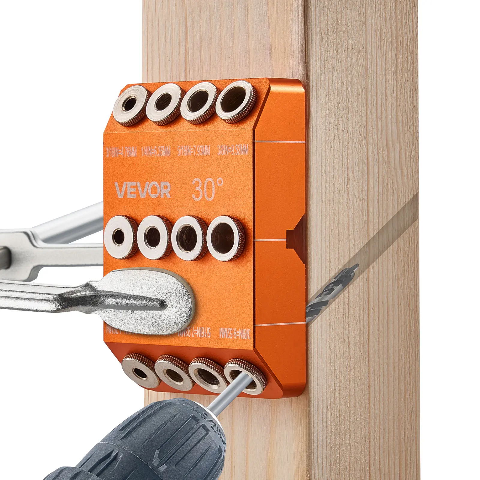 【Summerfinds】VEVOR Lightweight Easy-to-Use Aluminum Alloy Drill Jig, Portable Precision Tool with 30/45/90° Angle Guides, 4 Multi-Size Options, 90° V-Groove Base, C-Clamps, 2-Way Alignment Lines for Deck Rails, Wood Posts, Diy Users