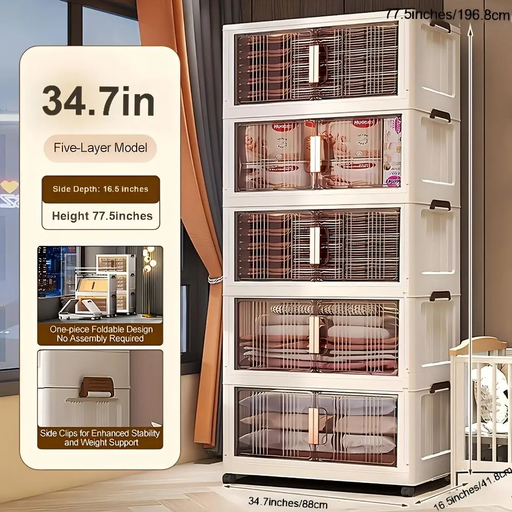 Naviconvex 750QT Extra-Tall Dustproof Multilayer Storage Box - 34.7in XXXL 3/4/5-Tier Stackable Durable Plastic Box with Lid, Collapsible Organizer on Wheels, Adjustable Closet Organizer for Bedroom, Kitchen (Storage Organization)