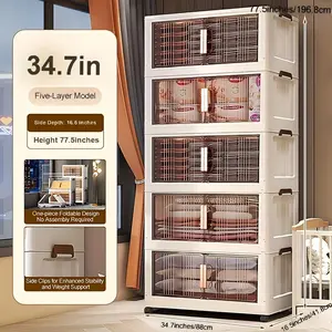 Naviconvex 750QT 34.7in XXXL Folding Storage Cabinet with Lids – 3/4/5 Tier Stackable Plastic Bins on Wheels, Extra Tall Collapsible Organizer for Closet, Bedroom, Kitchen & More