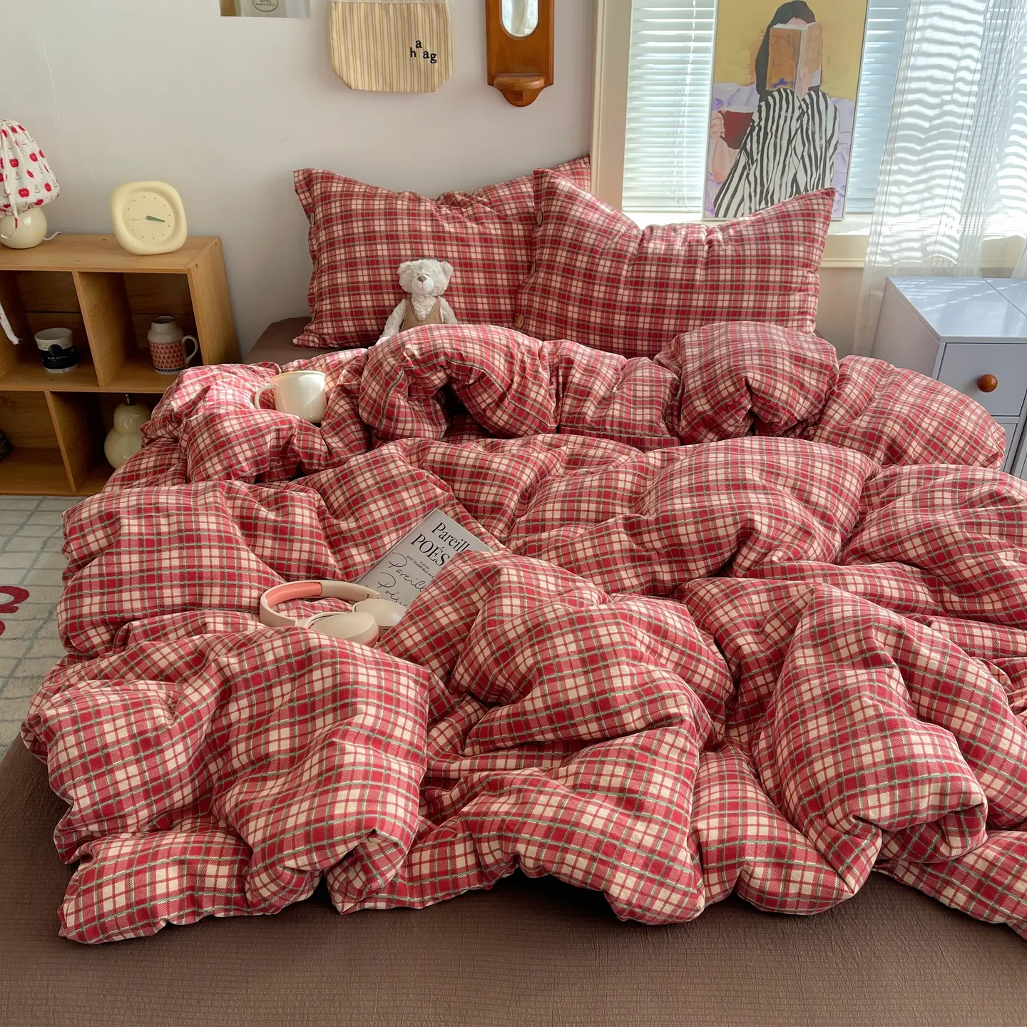 4pc New Year Hot Style Plaid Striped Twin Set, Cloud Cotton Button Design, Dorm Student New Old Money Wind, Soft Skin-Friendly, Bedroom Bedding Set, Cozy Bedding Set, Soft Bedding Sets