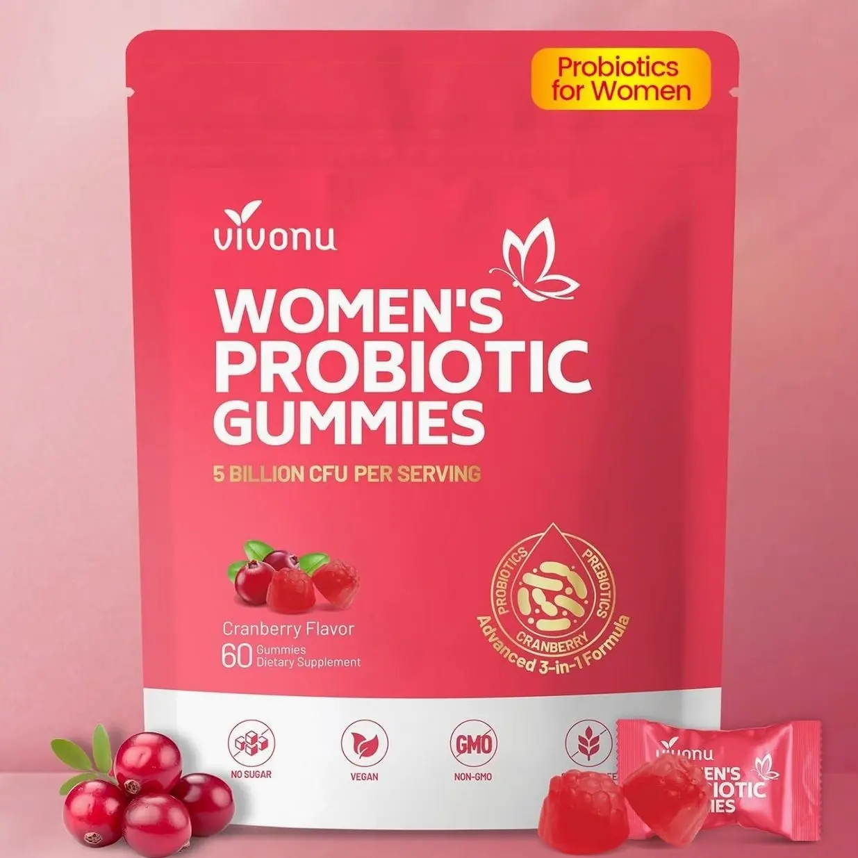 VivoNu Probiotics for Women, Women Probiotic Gummies, 500 Million CFUs, Fiber | Feminine Balance Gummies for Healthy Odour, Digestive Support and Gut Health + Vitamin C for Immune Support - 60 Gummies