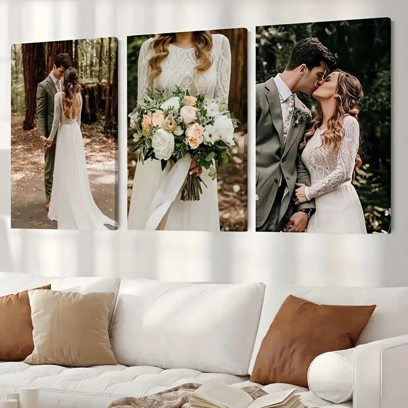 3 Custom Canvas Prints - Custom Prints with Geometric Pattern, People Theme and Frames, Modern Home Decor for Home, Bedroom Decoration, Ideal for Personalized Photo Gifts, Wooden Wall Art