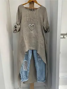 Women's Irregular Long Sleeve Shirt, Round Neck Loose Fit, Vintage Front Short Back Long Design, Spring & Fall Fashion Top