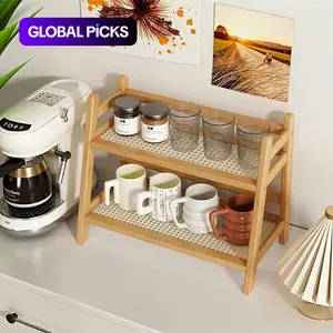 Wicker-Look Tea and Coffee Bar Station Organizer, Bamboo Mug Holder Countertop, Matcha Stand, Cup Display Shelf, Condiment Storage Rack for Kitchen Counter, Beverage Organizer, 2 Tier Display Riser #GLOBAL PICKS