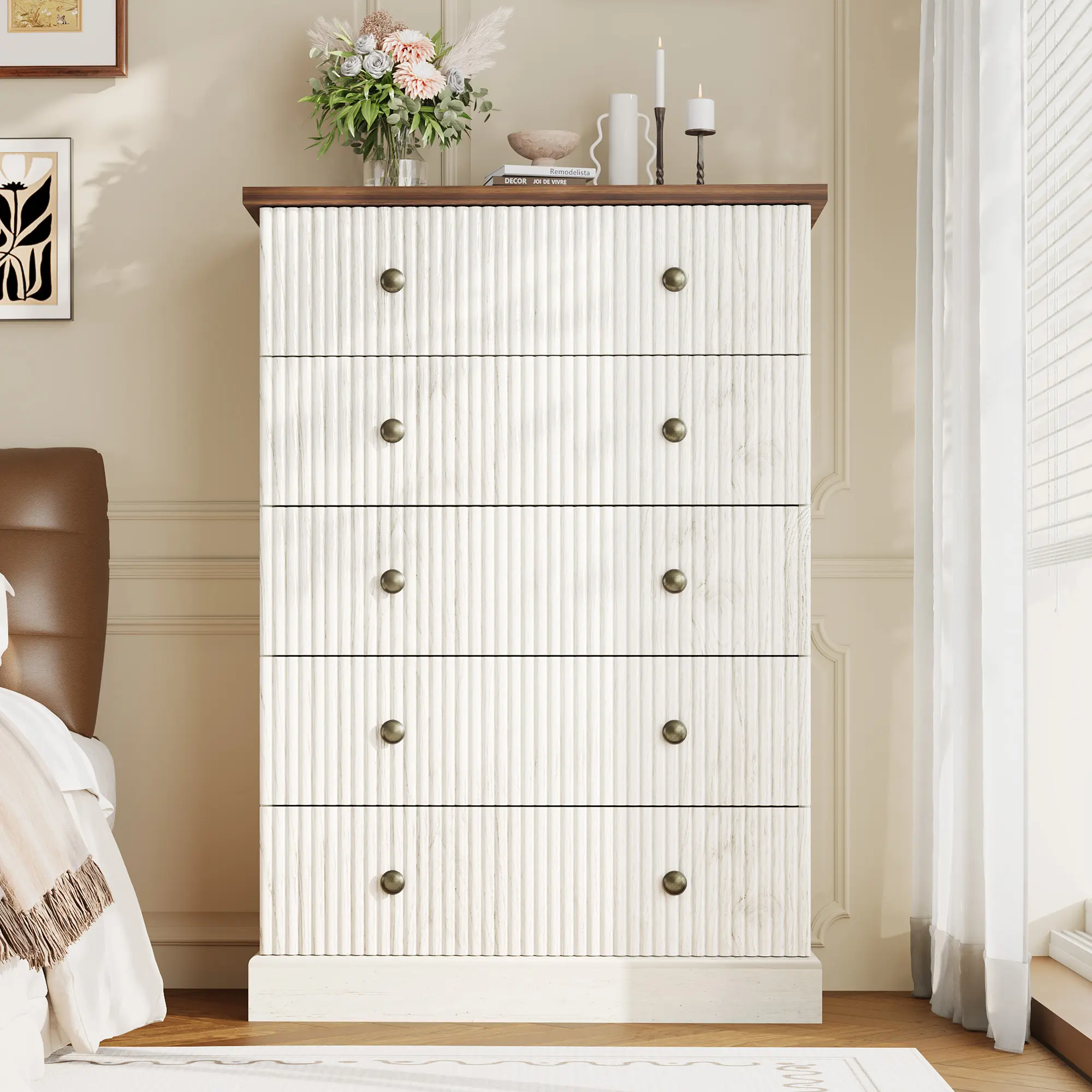 Contemporary White 5-Drawer Engineered Wood Tall Dresser - Space-Saving Vertical Chest with Smooth-Glide Metal Handles for Bedroom, Guest Room, Minimal Studio, Nurseries, Clothes & Closet Organization