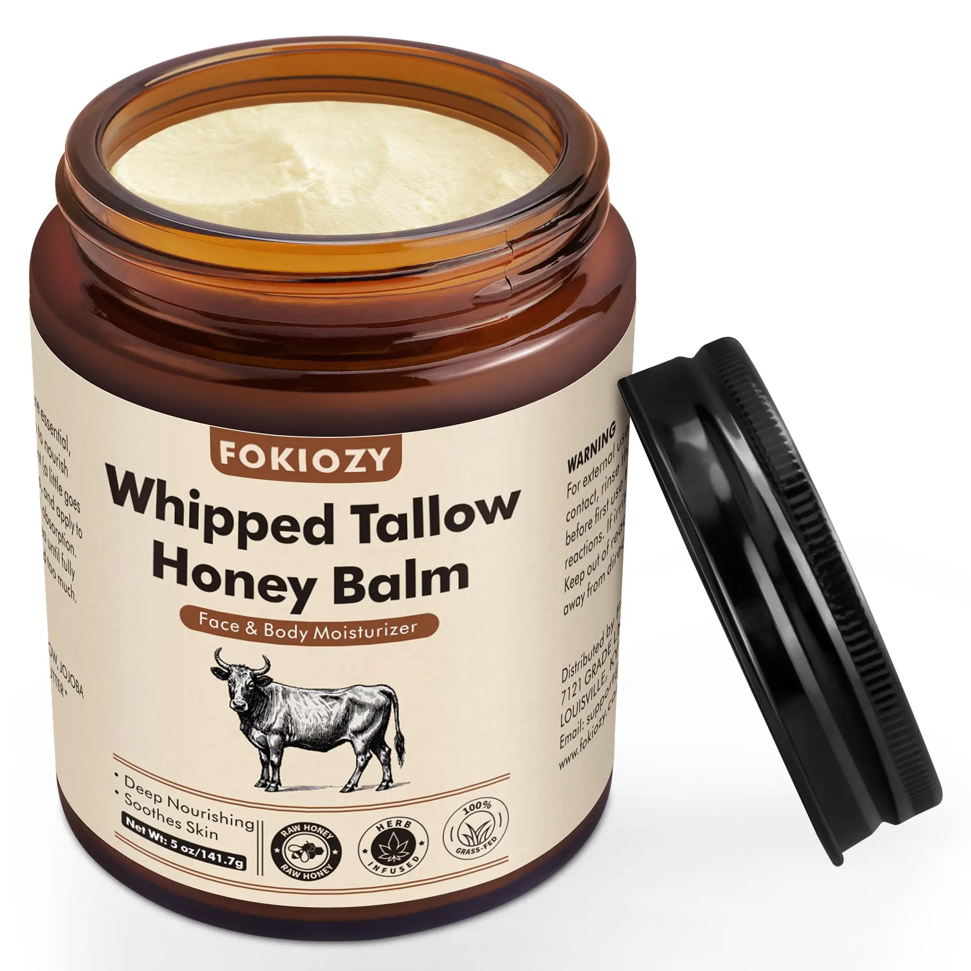 Fokiozy Grass-Fed Beef Tallow Cream with Raw Honey, Vitamins & Shea - 5oz Jumbo Size, Sensitive Skin Repair Body Care Moisturizer for Face & Hands, 100% Natural, Christmas & New Year Gifts, Moisture