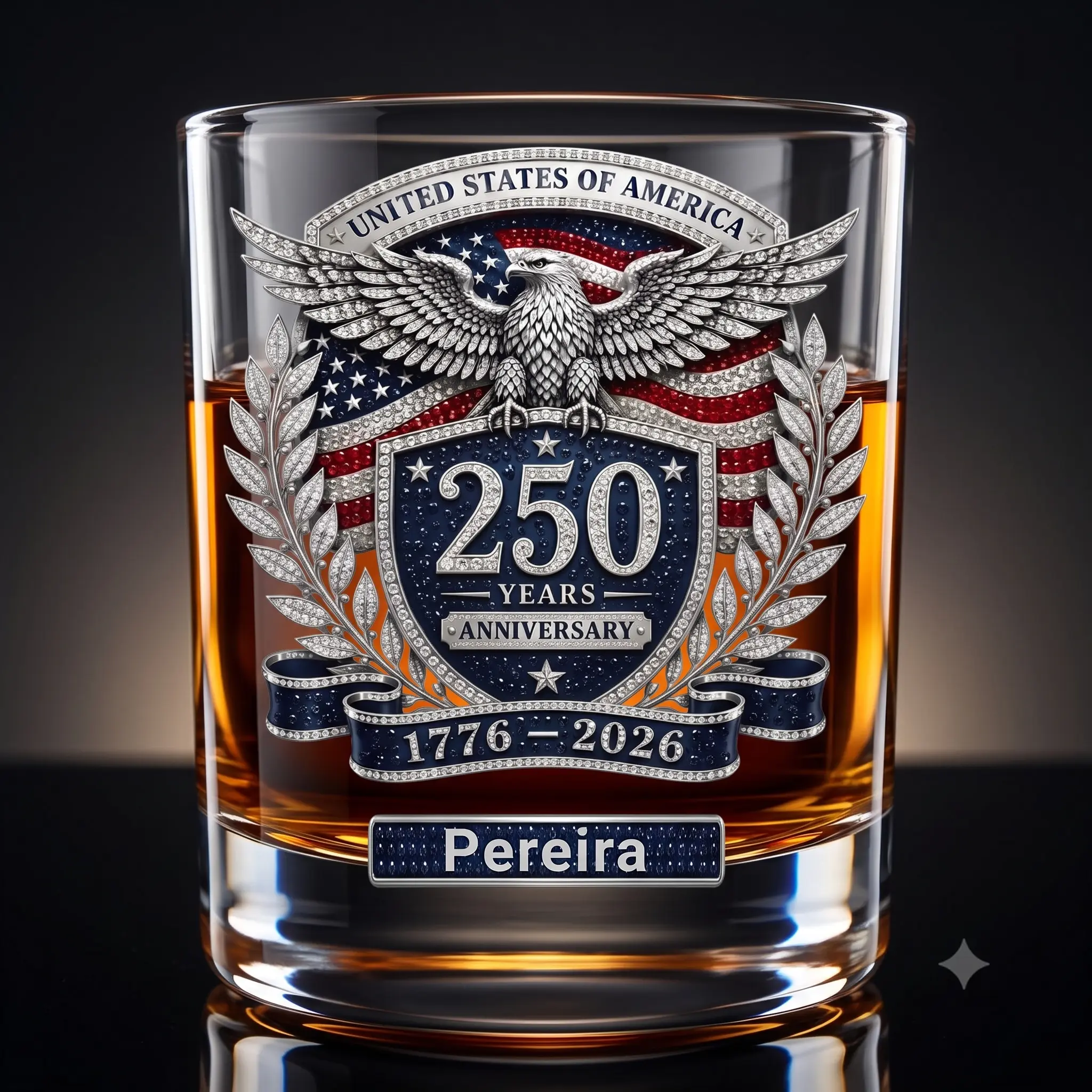 Personalized USA 250 Years Anniversary Whiskey Glass – 11 oz Old Fashioned Rocks Glass – Custom Name UV Printed Patriotic Gift