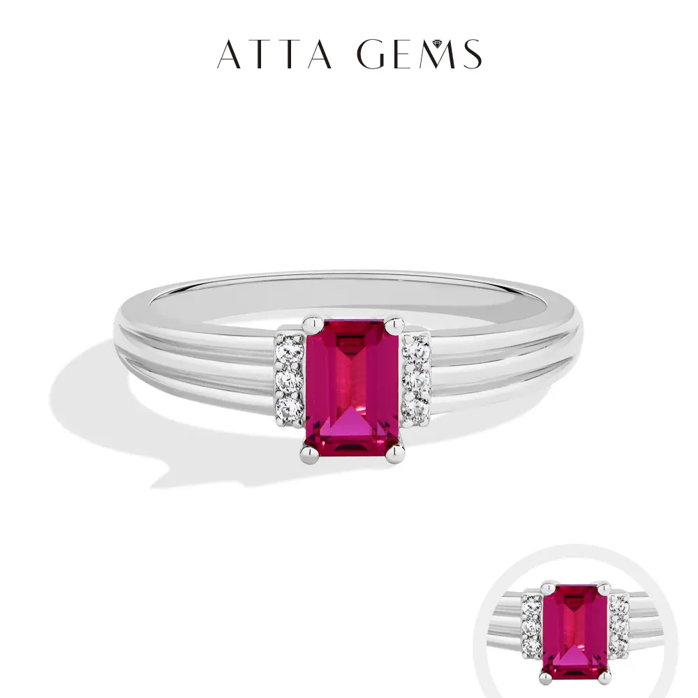 ATTAGEMS Elegant Ring for Women in S925 Sterling Silver, Lab-Created Ruby & Round Moissanite, Luxury Fine Jewelry for Birthday Parties, Elegant Fashion Rings, Round Moissanite Rings