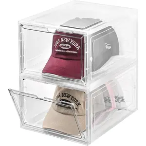 Stackable Clear Hat Organizer Box with Magnetic Door, Baseball Caps Holder Containers for Snapback Cap Storage, Holds 20 Hats, clear, 2 pack