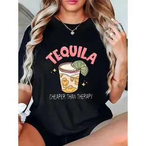 Women's Black Tequila Graphic T-Shirt | Lime Slice & 'Cheaper Than Therapy' Slogan | Casual Party/Cinco de Mayo Outfit for Ladies 100% Cotton T-shirt