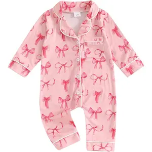 L-NG041 Baby Girl Button Down Pajamas Romper One-Piece Jumpsuit Long Sleeve Sleeper Infant Sleepwear
