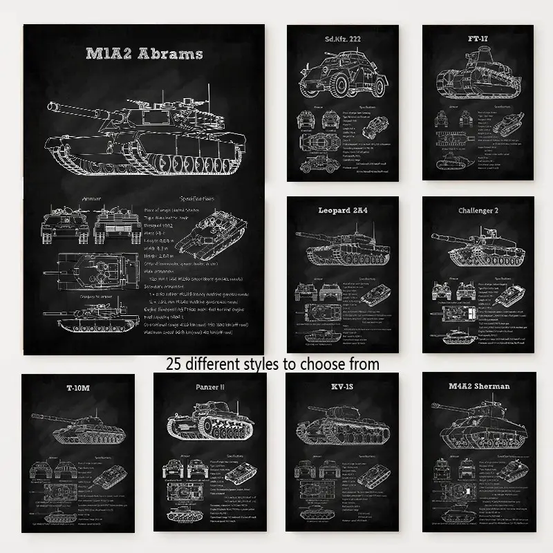 1PC Unframed Tanks Blueprint Black Poster German Heavy Tank US Army World War Canvas Painting Artistic Wall Art Decorative Artwork for Living Room Modern Home Decor Home Decoration Mural (25 Styles Available)