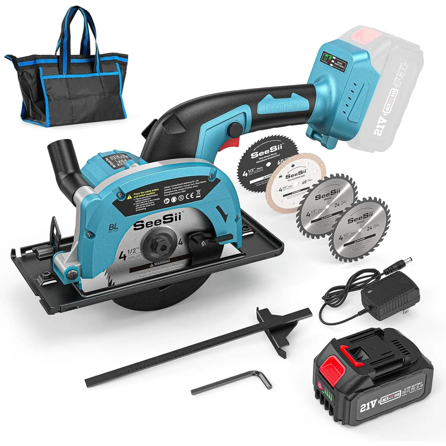 SeeSii Cordless Mini Circular Saw, 4-1/2" Electric Compact Circular Saw with 4.0Ah Battery, 5380RPM, 4 Saw Blades, Rip Guide, Max Cutting Depth 1-11/1