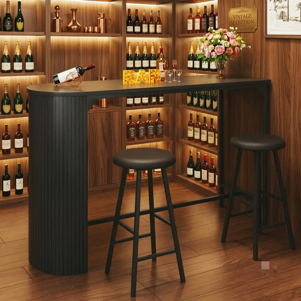 Fluted Bar Table and Chairs Set, 55'' Long Bar Tables with 2 Stools, 3 Piece Counter Height Dining Table for 2, Space Saving Kitchen Table for Bar, Dining Room, Kitchen, Breakfast Nook Corner, Black