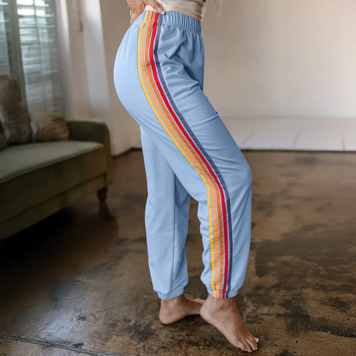 MULLVEIG Female High Waist Rainbow Stripe Fitted Sweatpants - 75% Polyester+20%Cotton+5%Elastane, Elastic Waistband Joggers, Breathable, Flexible, Durable, Machine Washable for Casual, Athletic Wear