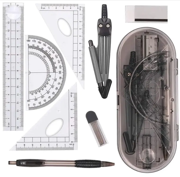 Math Geometry Kit Set 8 Pieces Student Supplies with Shatterproof Storage Box,Includes Rulers,Protractor,Compass,Pencil Lead Refills,Pencil,Eraser.for Students and Engineering Drawings
