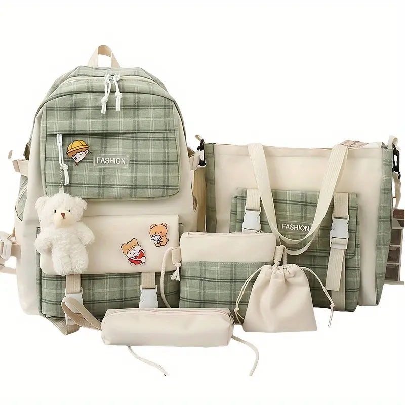 Girls' Cute Plaid Border Cartoon 5-Piece Matching Set - Large Capacity Lightweight School Backpack, Cosmetic Bag, Stationery Pouch, Wallet, Crossbody Handbag for Sports & Outdoor Gym Accessory Needs, Cute Backpacks