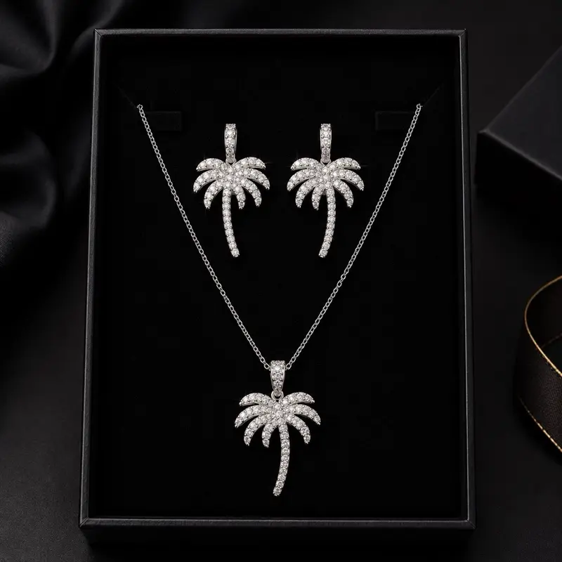 Women's 2-Piece Silver Crystal Palm Tree Jewelry Set, Tropical Palm Pendant Necklace & Earrings, Beach Wedding Vacation Gift