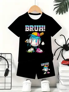 Summer Kids 3D Digital Print Short Sleeve Shorts Set, Baseball Cartoon Creative Print, Unisex Loose Casual Cool Tee Set, Clothes Kids